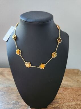 Tory Burch Gold-Tone Floral Link Necklace with Amber Accents